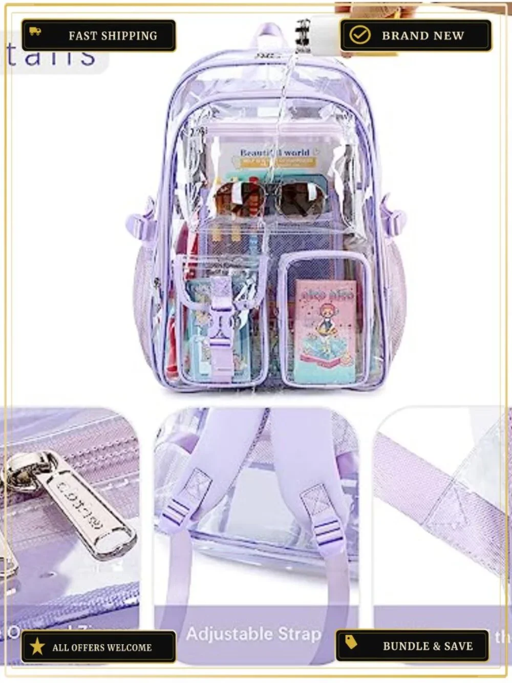 Large Clear Backpack PVC Heavy Duty Waterproof School Bookbag